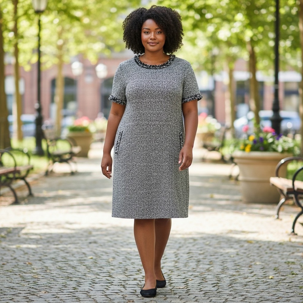 Donna Ricco Tweed Shift Dress 16 Black White‎ Metallic Fringe Pocket Workwear